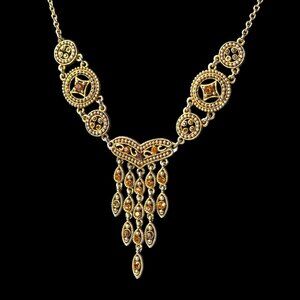 Vintage Boho Statement Necklace Gold Tone Amber Rhinestones Bib Dangle Victorian